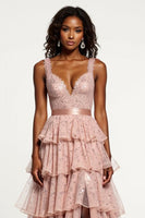 Load image into Gallery viewer, Sparkly Dusty Rose A Line Tiered Long Tulle Prom Dress with Sequins