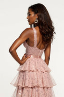 Load image into Gallery viewer, Sparkly Dusty Rose A Line Tiered Long Tulle Prom Dress with Sequins