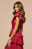 Load image into Gallery viewer, Elegant Dark Red A Line Satin Tiered Long Prom Dress with Slit