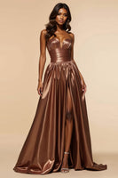 Load image into Gallery viewer, Corset Brown A Line Satin Sweetheart Long Prom Dress with Silt