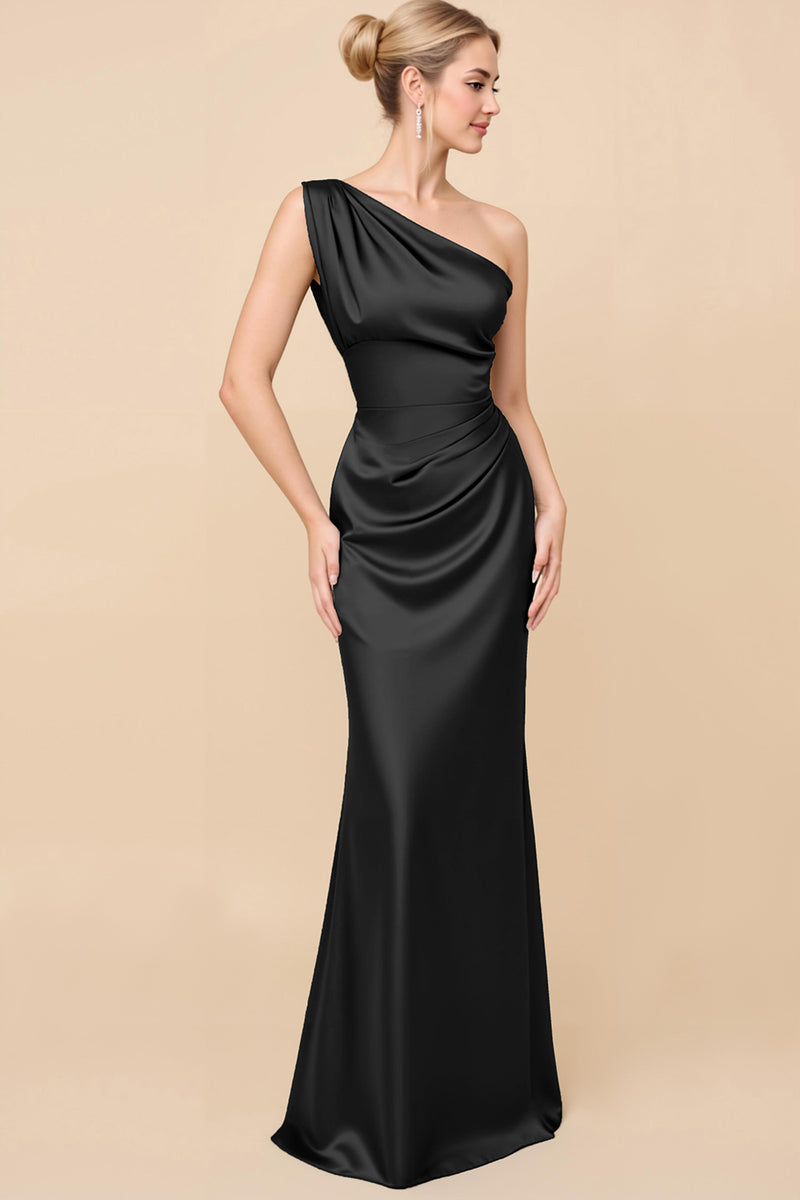 Load image into Gallery viewer, Eucalyptus Sheath Satin Ruched One Shoulder Long Bridesmaid Dress
