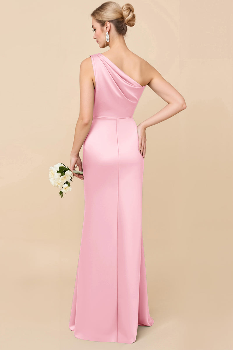 Load image into Gallery viewer, Eucalyptus Sheath Satin Ruched One Shoulder Long Bridesmaid Dress
