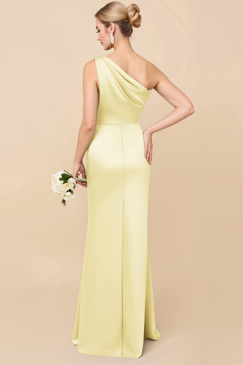 Load image into Gallery viewer, Eucalyptus Sheath Satin Ruched One Shoulder Long Bridesmaid Dress