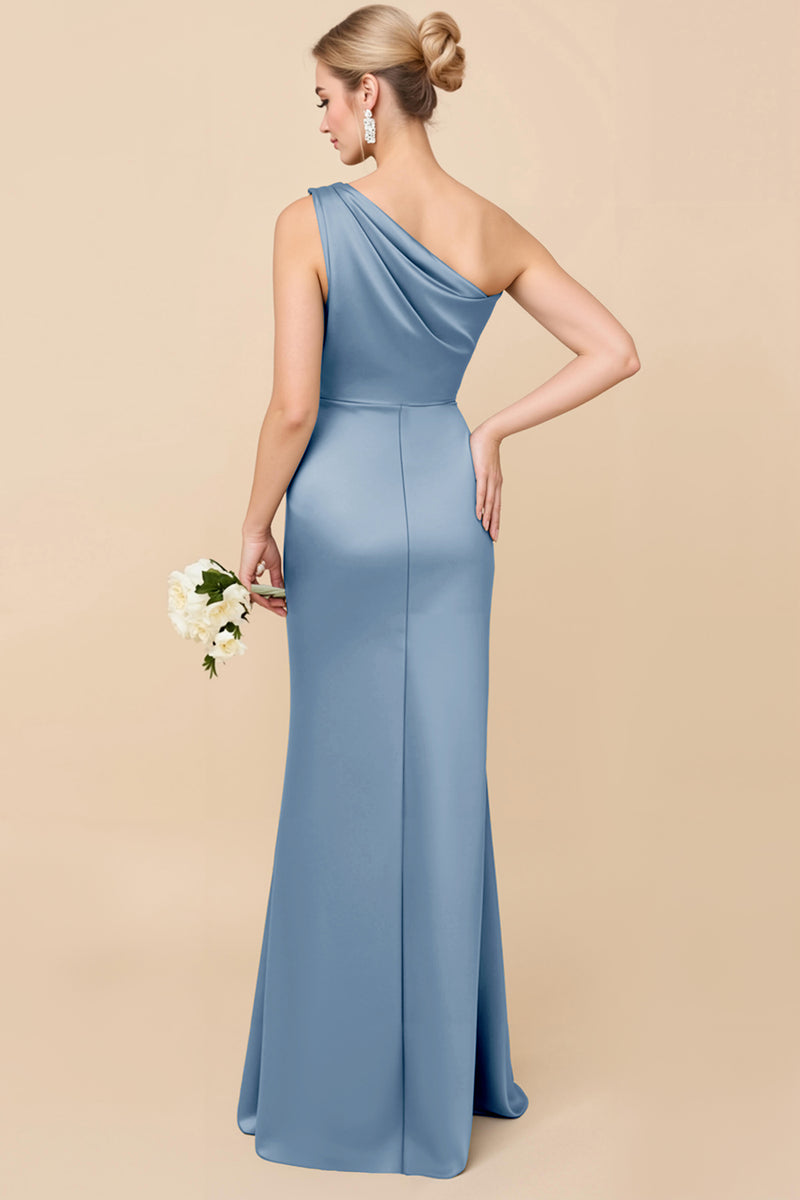 Load image into Gallery viewer, Dusty Blue Satin Sheath Ruched One Shoulder Long Bridesmaid Dress