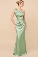 Load image into Gallery viewer, Dusty Blue Satin Sheath Ruched One Shoulder Long Bridesmaid Dress