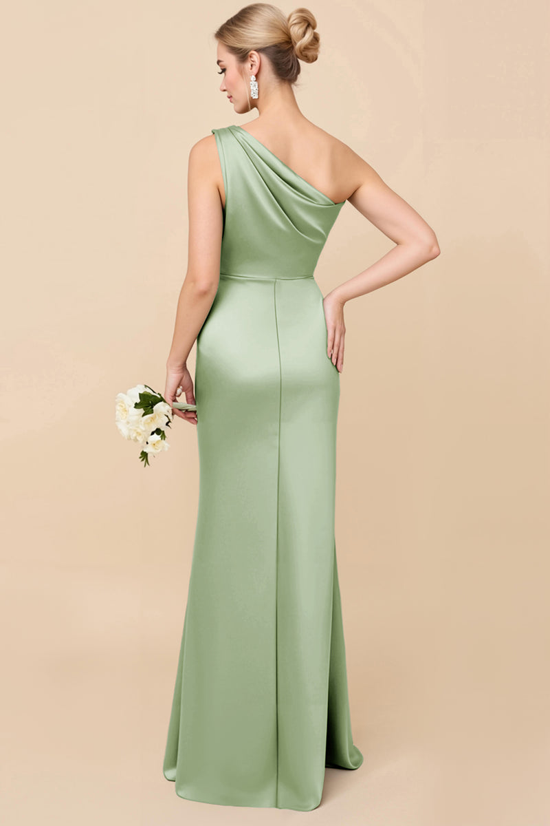 Load image into Gallery viewer, Dusty Blue Satin Sheath Ruched One Shoulder Long Bridesmaid Dress