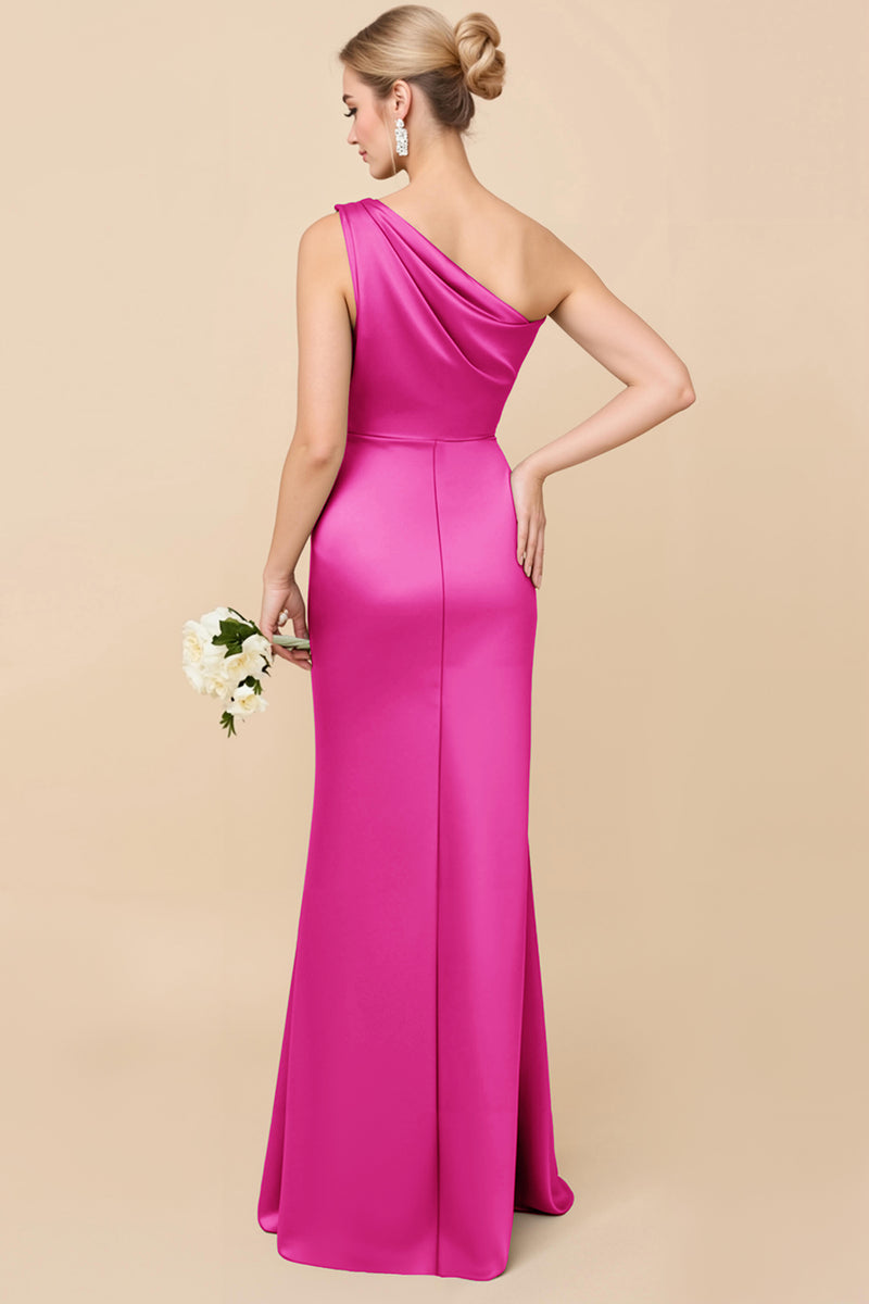 Load image into Gallery viewer, Dusty Blue Satin Sheath Ruched One Shoulder Long Bridesmaid Dress