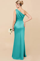 Load image into Gallery viewer, Dusty Blue Satin Sheath Ruched One Shoulder Long Bridesmaid Dress
