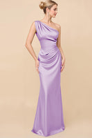 Load image into Gallery viewer, Dusty Blue Satin Sheath Ruched One Shoulder Long Bridesmaid Dress