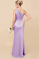 Load image into Gallery viewer, Dusty Blue Satin Sheath Ruched One Shoulder Long Bridesmaid Dress