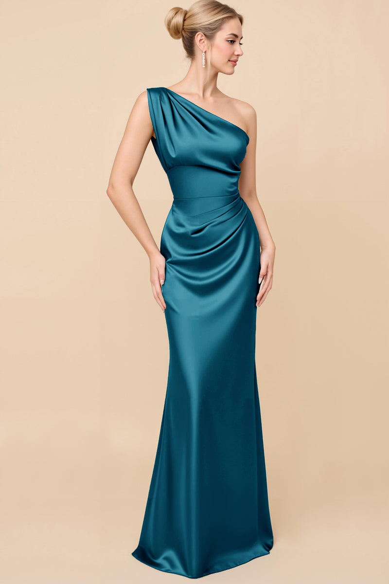 Load image into Gallery viewer, Dusty Blue Satin Sheath Ruched One Shoulder Long Bridesmaid Dress