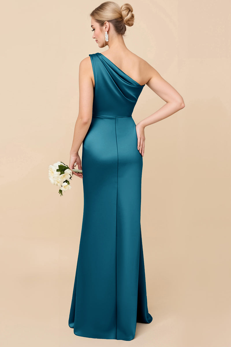 Load image into Gallery viewer, Dusty Blue Satin Sheath Ruched One Shoulder Long Bridesmaid Dress
