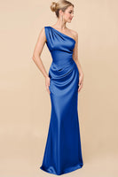 Load image into Gallery viewer, Royal Blue Satin Ruched One Shoulder Sheath Long Bridesmaid Dress
