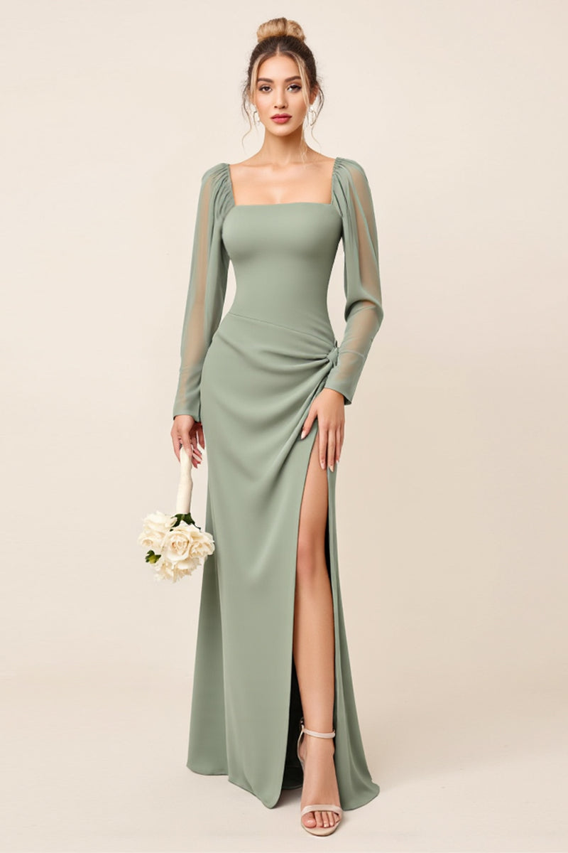 Queendancer Women Eucalyptus Sheath Chiffon Bridesmaid Dress with Slit Square Neck Long Sleeves Wedding Guest Dress queendancer Queendancer Women Eucalyptus Sheath Chiffon Bridesmaid Dress with Slit Square Neck Long Sleeves Wedding Guest Dress queendancer