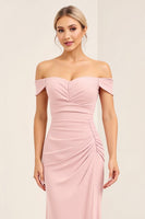 Load image into Gallery viewer, Blush Pink Off the Shoulder Sheath Long Bridesmaid Dress
