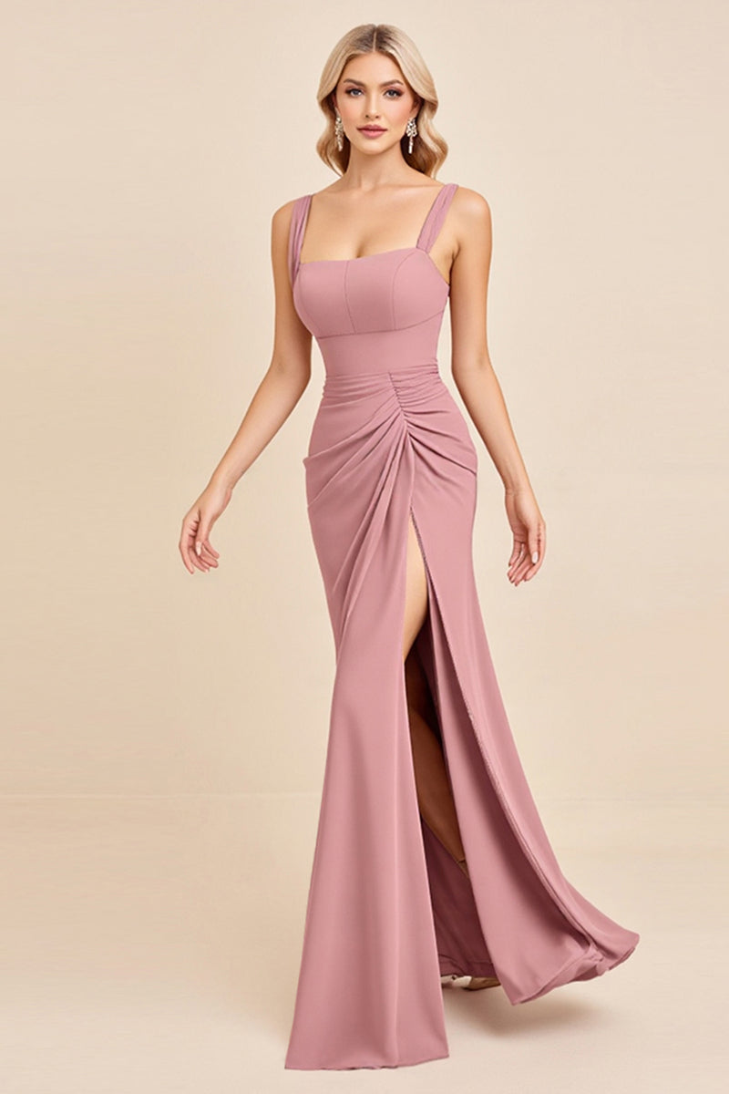 Queendancer Women Blush Pink Sheath Satin Bridesmaid Dress with Slit Square  Neck Ruched Wedding Guest Dress – queendancer
