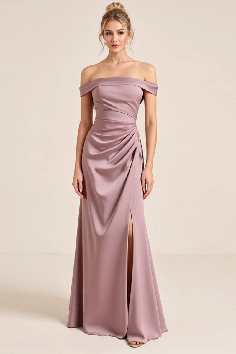 Square Neck Ruched Sheath Satin Bridesmaid Dress in Fuchsia main image 1