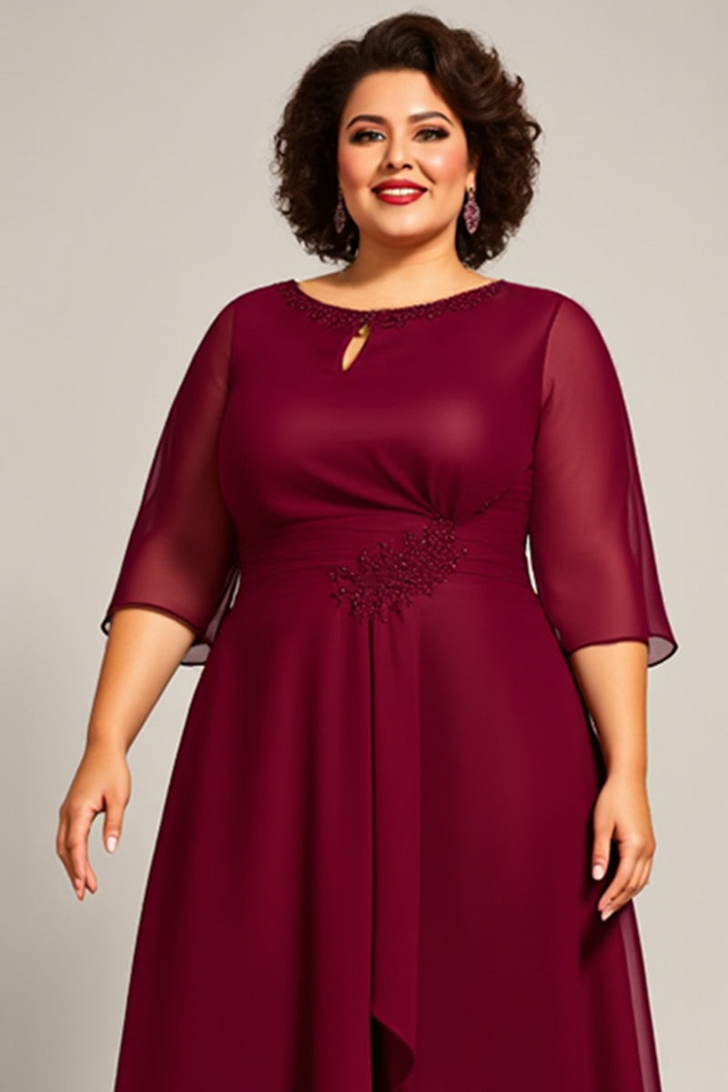 Queendancer Women Burgundy Plus Size A Line Keyhole Chiffon Mother of