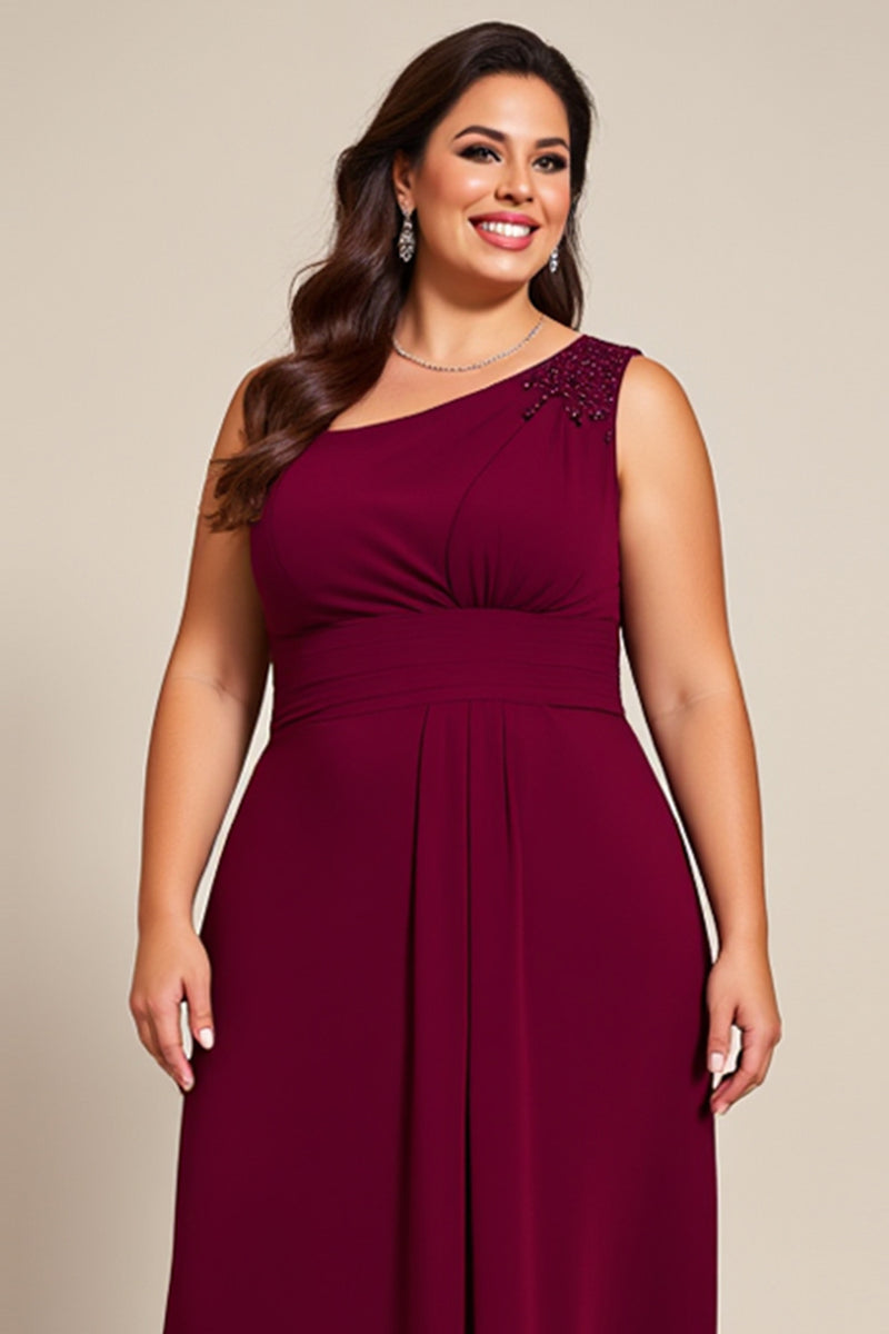 Queendancer Women Plus Size Burgundy One Shoulder Chiffon Mother of the