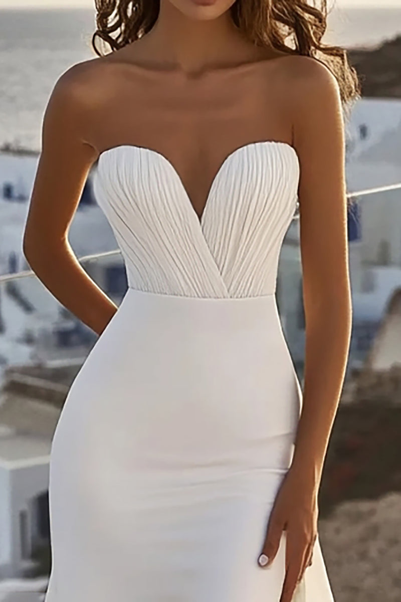 Strapless Ivory Lace Coral Chiffon Wedding Bridesmaid Dress, Sweep Train