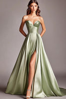 Load image into Gallery viewer, Sweetheart Dusty Sage Satin Long Prom Dress with Slit