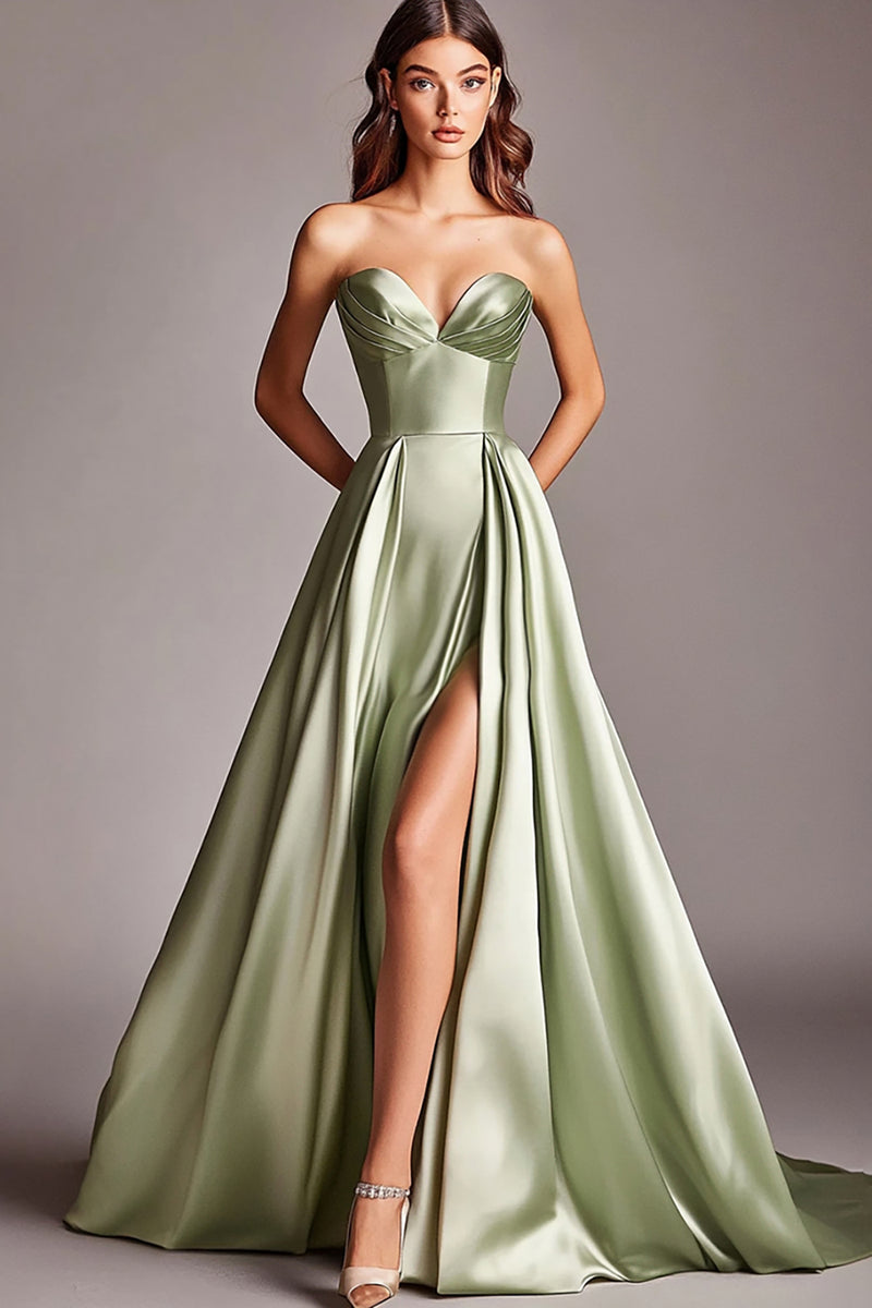 Load image into Gallery viewer, Sweetheart Dusty Sage Satin Long Prom Dress with Slit