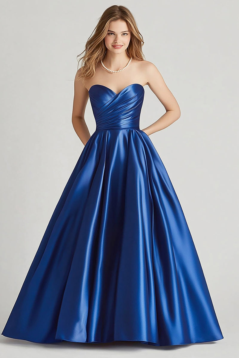 Load image into Gallery viewer, Dark Blue Ball Gown Strapless Long Satin Prom Dress