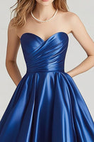 Load image into Gallery viewer, Dark Blue Ball Gown Strapless Long Satin Prom Dress