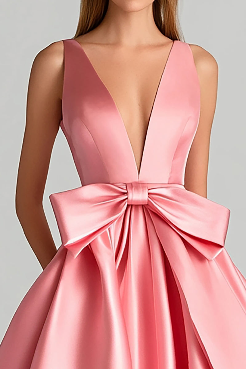 Load image into Gallery viewer, Ball Gown Pink Deep V-Neck Long Prom Dress with Bowknot