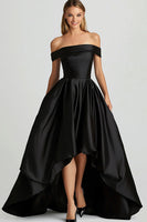 Load image into Gallery viewer, Black Off the Shoulder Satin High-Low Prom Dress