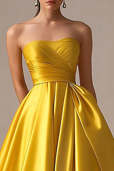 Yellow Ball Gown Strapless Pleated Long Prom Dress