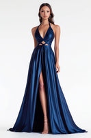 Load image into Gallery viewer, Navy A Line Satin V-Neck Cut Out Long Prom Dress with Slit
