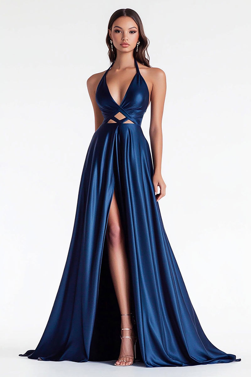 Load image into Gallery viewer, Navy A Line Satin V-Neck Cut Out Long Prom Dress with Slit