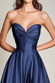 Navy Sweetheart Satin Pleated Long Prom Dress