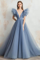 Load image into Gallery viewer, Grey Blue A Line Tulle V-Neck Long Prom Dress with Ruffles