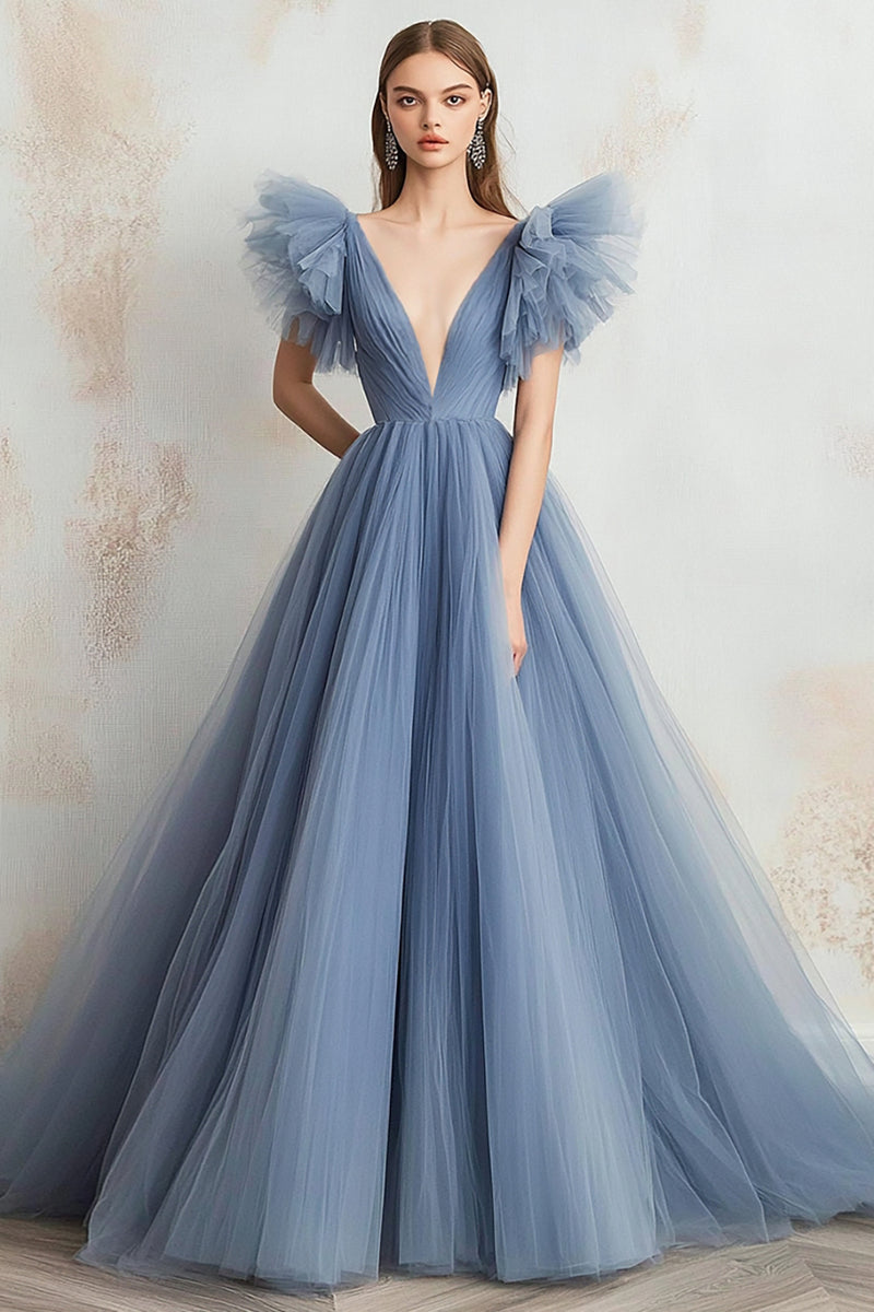 Load image into Gallery viewer, Grey Blue A Line Tulle V-Neck Long Prom Dress with Ruffles