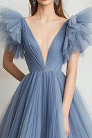 Load image into Gallery viewer, Grey Blue A Line Tulle V-Neck Long Prom Dress with Ruffles