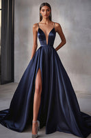 Load image into Gallery viewer, Navy A Line Satin V-Neck Spaghetti Straps Long Prom Dress with Slit