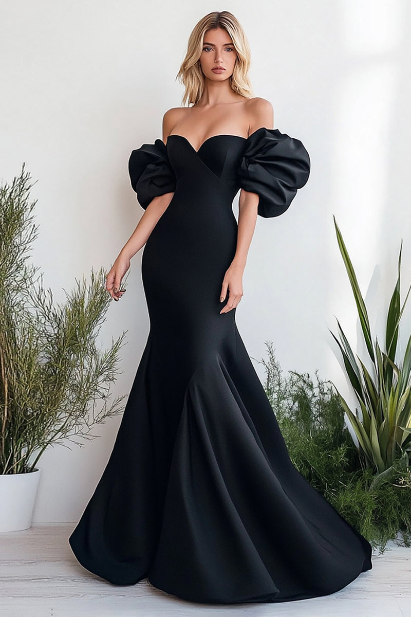Black Mermaid Satin Off Shoulder Party Dress, Black Satin Mermaid Evening Dress Prom Dress