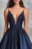 Load image into Gallery viewer, Navy A Line Satin V-Neck Long Prom Dress with Lace Appliques