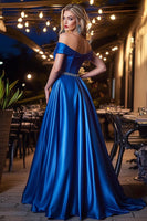 Load image into Gallery viewer, Royal Blue A Line Satin Off the Shoulder Long Prom Dress