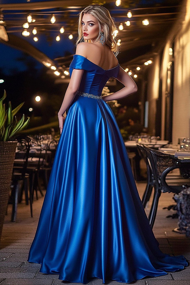 Royal Blue Strapless Bridesmaid Dress with Pockets, A Line Satin Prom Dress with Beads UQ1854