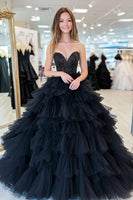 Load image into Gallery viewer, Black Ball Gown Tulle Tiered Long Prom Dress