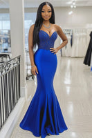 Load image into Gallery viewer, Royal Blue Mermaid Satin Strapless Long Prom Dress
