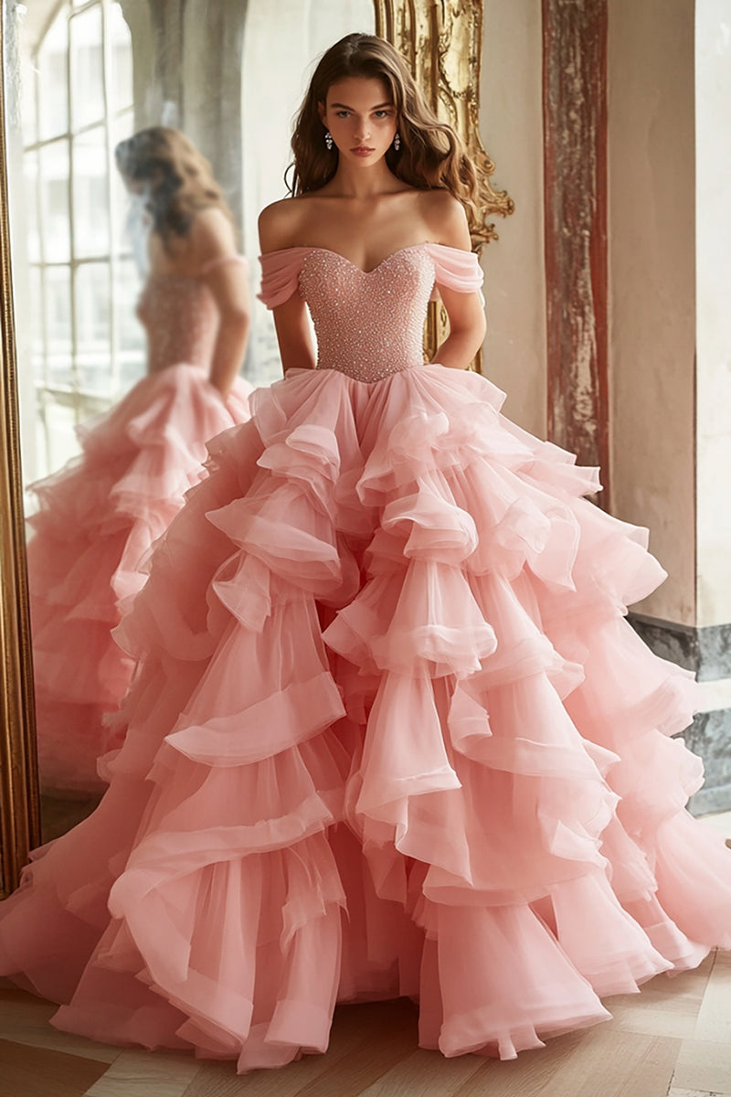 Load image into Gallery viewer, Queendancer Women Princess Pink Ball Gown Long Prom Dress with Ruffles A Line Tulle Off the Shoulder Tiered Beaded Quinceanera Dress