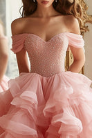Load image into Gallery viewer, Pink Ball Gown A Line Tulle Off the Shoulder Tiered Long Quinceanera Dress with Ruffles