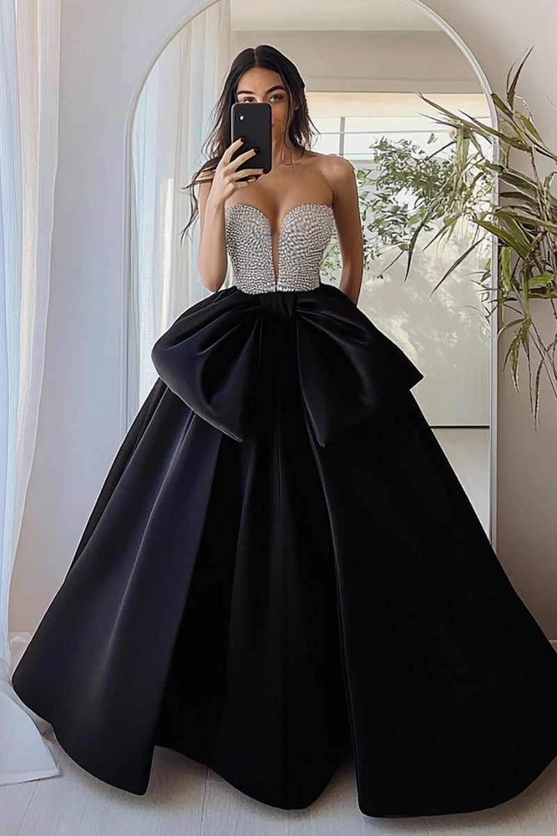 Load image into Gallery viewer, Silver&Black Ball Gown Satin Strapless Long Prom Dress
