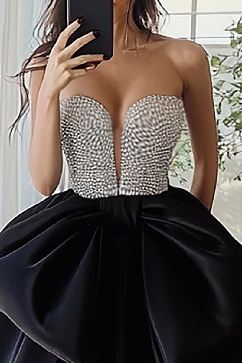 Load image into Gallery viewer, Silver&Black Ball Gown Satin Strapless Long Prom Dress