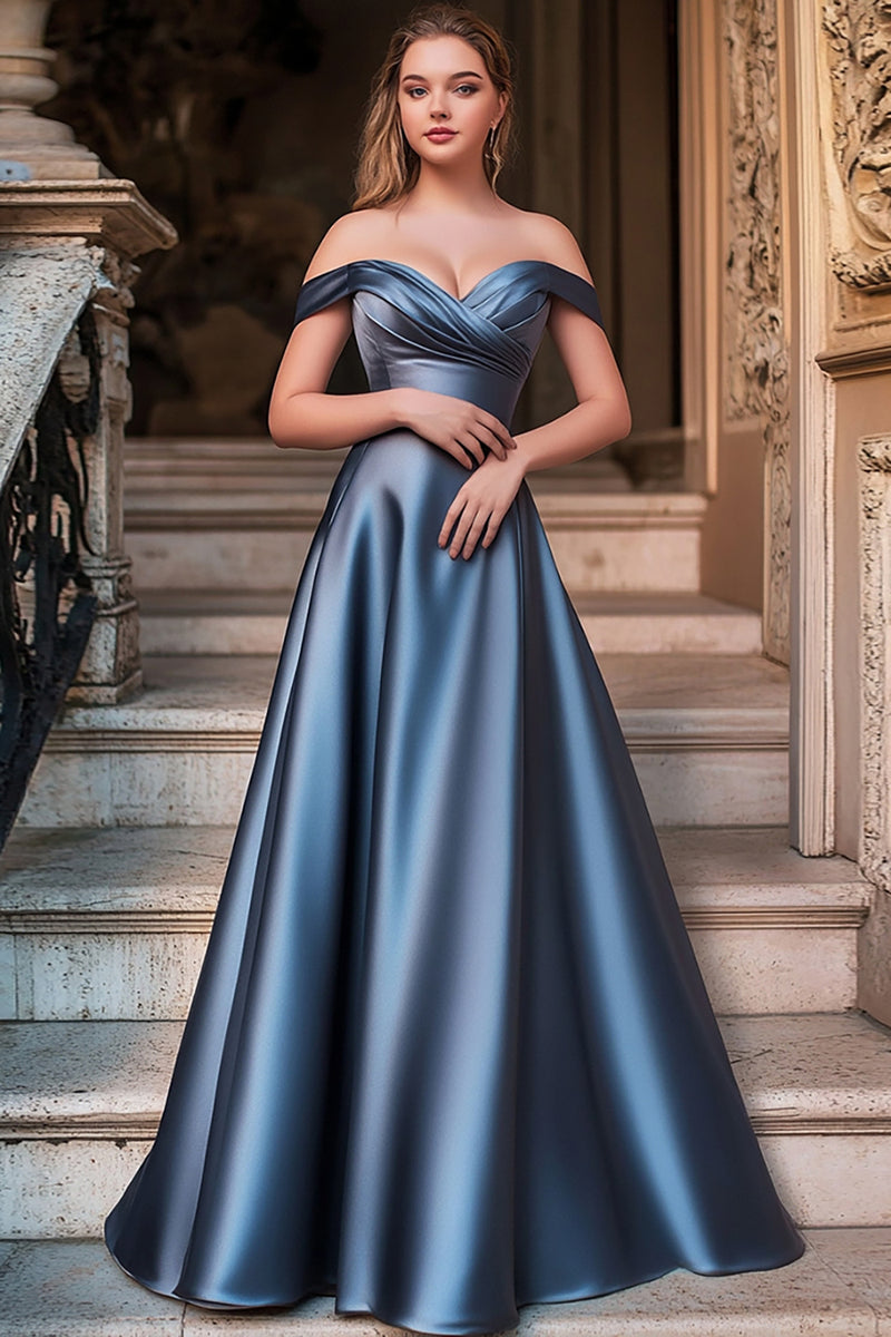 Load image into Gallery viewer, Dusty Blue A Line Ruched Satin Long Prom Dress
