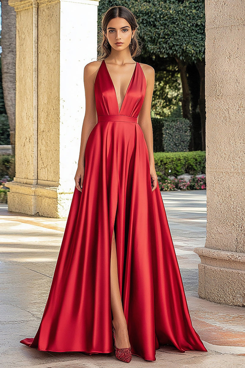 Load image into Gallery viewer, Red A Line Deep V-Neck Satin Long Prom Dress with Slit
